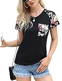 Irevial Tshirt Damen Kurzarm Oberteile Sommer Raglanärmel Lässig Tee Tops Casual Basic Shirts Mode V-Ausschnitt Teenager Mädchen Frauen Hemd Bluse Tunic Tunika Fitness Sport Tops,schwarz,XXL