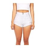 Damen Jean Shorts Mid Rise Fransen-Saum-Design Zerrissene Sommer-Denim-Shorts,Weiß,M