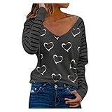 Sonojie Sweatshirt Damen Pullover Winter Bluse Damen V-Ausschnitt Tops Langarm Herzen drucken Loose T-Shirt Valentinstag Elegant Oberteile Langarmshirts Halber Reißverschluss Sexy Lässig T-Shirt Top