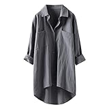 Damen Casual V Ausschnitt Leinen Blusen Tops Langarm Button Down Shirts Casual Lose Sommer Tops Tunika, grau, Larg