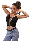 SheIn Damen Lace Up Front Rüschen Cami Tops Ärmellos Strappy Crop Camisole - Schwarz - X