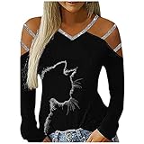 Briskorry Damen Off Shoulder Bluse Katze Bedrucktes Langarmshirts Schulterfrei Oberteile Mode Shirt Große Größen Casual Tunika Tops Trägerlos Langarm Lose B