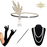 KQueenStar Damen Accessoires Set Halskette Handschuhe Stirnband 20er Jahre 1920s Charleston Gatsby Retro Stil Kostü