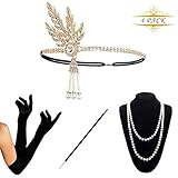 KQueenStar Damen Accessoires Set Halskette Handschuhe Stirnband 20er Jahre 1920s Charleston Gatsby Retro Stil Kostü