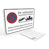 Betriebsausstattung24® Hinweisschild Ein- und Ausfahrt Tag und Nacht freihalten - Falschparker werden abgeschleppt | BxH 30,0 x 20,0 cm | Aluminium Verbundplatte | Weiß