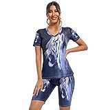 Anantty Damen Sport Fitness 2-teilige Sets, Galaxis Tiger Zweiteiler Freizeitanzug Shorts Hausanzug Freizeitanzug Yoga Sportanzug Jogginganzug T-Shirt und Shorts Set Nachtwäsche für S