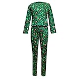 Weihnachten Schlafanzug Damen Lang Pyjama Set Bequeme Zweiteiliger Hausanzug Nachtwäsche mit Weihnachtsmann und Schneeflocken Druck Schlafanzughose Loungewear Freizeitanzug Homewear Weihnachtspyj