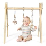 DREAMADE Spieltrapez aus Holz, Motorikspielzeug für Babys, Spielbogen mit 3 Spielzeugringe & 2 Kleinen Tiermodellen, Aktivitätszentrum mit Dreieckigen Struktur, für Kinderzimmer (Natur)