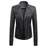 Boshivw Lederjacke Damen Kurz Schwarz,Revers Kunstlederjacke Softshell Motorradjacke Stehkragen Übergangsjacke Winddicht Freizeitjacke Revers Motorrad Jack