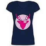 Oktoberfest Trachtenshirt Damen Party Trachten - Oktoberfest Hirsch mit Edelweiß - Fuchsia - XL - Dunkelblau - Geschenk - XO1525 - Damen T-Shirt mit V