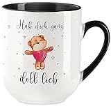 vanVerden Curved Tasse - Hab dich ganz doll lieb - Teddy mit Herz - beidseitig Bedruckt - Geschenk Idee Kaffeetasse, Tassenfarbe:Weiß/Schw