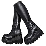 Damen High Platform Mid Calf Wedges Klobige High Heels Round-Toe Side Zip Fashion Kampfstiefel für F