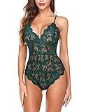 UNibelle Damen Babydoll Negligee sexy Dessous Set Spitze durchsichtig erotisch Lingerie Outfit durchsichtig mit String Gürtel Grün L