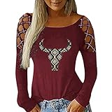 T-Shirt Top Pullover Frauen Hot Strass Hohl Retro Druck Casual Hohl Langarm Top (M,2rot)