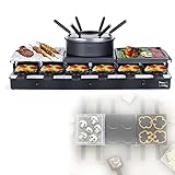 Raclette Fondue Kombi 12 Personen Groß - Tischgrill Elektrisch mit Grillplatte und Heißer Stein - Elektrogrill Starke 1650 Watt - 12 Pfännchen Antihaftbeschichtung - 3in1 Party Grill mit Crepes Mak