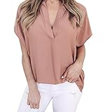 SMILEQ Damen-Bluse, kurzärmelig, Chiffon, lässige Bluse mit V-Ausschnitt, Rose, XL