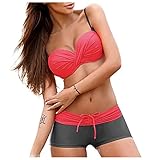 KIMODO Zweiteiliger Badeanzug Bikini Set Damen Schwimmanzug Push Up Bademode Bikinioberteil Einfarbig Hohe Taille Bikinihose Rüschen Swimwear Strandmode Strandkleidung (A-Wassermelonenrot, XL)