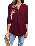 Gaharu Damenblusen 3/4 Arm Cotton Weiche Elegante Festlich A-Linie V-Ausschnitt Damen Blusen Frauen Tunikabluse Oberteil Damenmode 2022 Frühling Women Shirtblusen Locker Damenshirt Weinrot, XXL