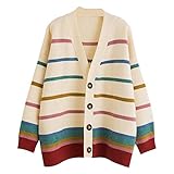 YCKL Farbgestreifte Strickjacke, lose beiläufige gestrickte Pullover, komfortabel und weich, einfach und elegant, leicht zu passen, geeignet für Partyreisen. (Color : Beige, Size : One Size)