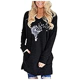 MOKBAY Damen Langarm V-Ausschnitt Lässig Löwenzahn Print TaschennähteLoses mittellanges Top T-Shirt Bluse Trägerloses Top Damenbluse Sommer Locker Viskose Shirt Damen Sexy T-S