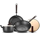 QIAOLIAN Manuelle Schmiedeeisenpfannen 3-teiliges Kochgeschirr-Set Unbeschichtet Tiefkorn Topf- Und Pfannenset Mit Antihaftbeschichtung Buche Griff Tawny Glasdeckel Töpfe Und Pfannen-S
