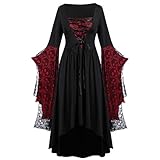 BIBOKAOKE Damen Übergroßes Spitze Mittelalter Kleid Gothic Maxikleid Schnürkleid Renaissance Cosplay Dress Party Festlich A-Linie Halloween Kostüm Trompetenärmel Bodenlang