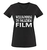 Comedy Shirts - Willkommen im falschen Film - Damen V-Neck T-Shirt - Schwarz/Silber Gr. M