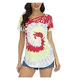 Damen Basic V Ausschnitt Kurzarm Floral T Shirts Sommer Casual Tops - Damen Tops Casual Blumendruck Kurzarm Tees Sommer Shirts Blusen Lose Bluse Shirt Tunika Tops Casual Basic Tops, 08 Rot, M