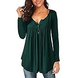 Tunika Damen V-Ausschnitt Knopf Plissee Langarmärmel Zwei-Tragen Loose Top, Kragen Knopf Plissee Langarm Shirt Ärmel Zwei tragen lose Top Frauen Tunic Tunika Knopfleiste Lockere Blusen Ob