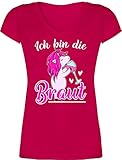 JGA Junggesellenabschied Frauen - Ich Bin die Braut - Einhorn weiß/Fuchsia - XL - Fuchsia - 32 - XO1525 - Damen T-Shirt mit V