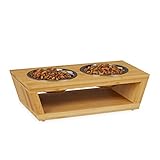 Relaxdays Futterstation, Fressnapf Ständer aus Bambus, Edelstahl Napf Set, spülmaschinenfest, Hund & Katze, Natur-Silber, 18 x 35,5 x 10,5