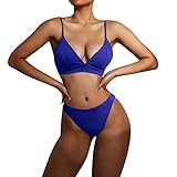 Lazzboy Bademode Damen Bandeau Gepolsterter Push Up Spaghetti Einfarbig Badeanzug Bikini Set Triangel Breites Unterbrustband Gerippte Zweiteiliger Kontrastpaspel Bikinis (Marine,XL)