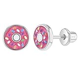 In Season Jewelry 925 Sterling Silber Rosa Emaille Donut Ohrringe mit Winzigen Bunten Sprinkles für Kleine Mädchen - Modische Schraubverschluss-Ohrringe für Preteens & T