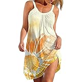 PZHHZPING Sommerkleid Damen Kurz Knielang Kleider Strandkleider Schulterfreies Casual Lose Swing Kleid Trägerkleider Rückenfrei Blumendruck Partykleid Sommer U-Ausschnitt Kurzk