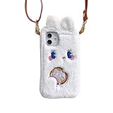 DasKAn für Samsung Galaxy S21 Ultra 5G Hasenohren Plüsch Hülle mit Abnehmbar Handykette, 3D Tiere Muster Frauen Winter Warm Handmade Weich Kaninchen Flauschig Fell Stoßfest Schutzhülle, Weiß H