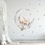 WANDKIND Hase auf dem Mond Wandtattoo V303 | handgezeichnet | AUFKLEBER Kindergarten | Wandsticker Kinderzimmer Hasen mit Sterne Sternschnuppe (50 x 50 cm)