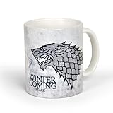 Elbenwald Game of Thrones Tasse Haus Stark Rundumdruck mit Leitspruch und Schattenwolf Kramik 300 ml weiß