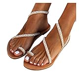 VESNIBA Sandalen Damen Sommer, Bohemian Strass Flach Sandaletten Sommer Strand Schuhe Freizeit Urlaub Sommerschuhe Zehentrenner Sandalen Mädchen Mode R