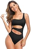 SHEKINI Damen Eine Schulter Asymmetrischer Einteiliger Badeanzug Bikini Rückenfrei Strandbikinis Elegant Volltonfarbe Verstellbarer Ties up Cutout Triangel Monokini Badeanzüge (Schwarz, S)