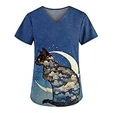 GOKOMO Damen Katze T-Shirt mit V-Ausschnitt Kätzchen Sternenhimmel Druck T-Shirt Elegant Farbdruck Kurzarm Bluse Neue Damenoberteile Frühling und Sommer Shirt Für Damen Blusen(XL,3-Blau)
