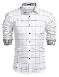 COOFANDY Herren Kariertes Hemden Herrenhemd Langarm Slim fit Freizeithemden mit Kent-Kragen Weiß XL