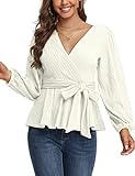 GOORY Damen-Bluse mit Schößchen, V-Ausschnitt, Ballon-Ärmel, Taillengürtel, Strickhemden, beige, Groß