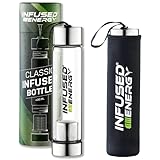 Infused energy Premium Teeflasche / Infuser Bottle aus bruchsicherem Glas - 400 ml Sportflasche mit Edelstahlfilter & Neoprenhü
