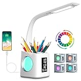 Schreibtischlampe Kinder LED, Tischlampe 10W Touch Dimmbar, Nachttischlampe Tischleuchte 7 in 1 mit 3 Helligkeitsstufen/USB-Anschluss/256 RGB/Stifthalter/Uhr/Kalender und LCD-Bildschirm Leselicht Bü