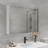 DICTAC 70x60x15cm Spiegelschrank Bad mit Verstellbarem Regal, 3-Türiger Moderner Spiegelschrank, Weiß, Prägnant, Leicht zu Reinigen, Schminkspiegel mit Schrank Lagerung