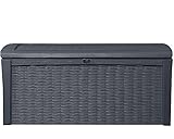 Ondis24 Keter Borneo Kissenbox Aufbewahrungsbox für Terrassenmöbel aus Kunststoff anthrazit Auflagenbox Gartenbox anthrazit 416 Liter mit Gasdruckfedern ca. 129,5 cm x 70 cm x 62,5