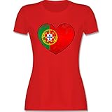 Fussball WM 2022 Fanartikel - Portugal Vintage Herz - XXL - Rot - Portugal Tshirt Damen - L191 - Tailliertes Tshirt für Damen und Frauen T-S