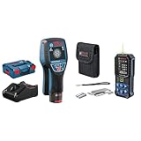 Bosch Professional 12V System Ortungsgerät D-tect 120 (1 Akku 12V, 60/38/60/120/120 mm, L-Boxx) & Laser-Entfernungsmesser GLM 50-27 CG + Gürtelclip (grüner Laser, Reichweite: bis 50 m)