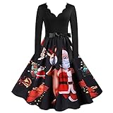 Damen Swing Kleid Cocktailkleider Kleid Petticoat Kleider 1950Er Vintage Kleid Weihnachtsdruck Kleider Kariert Tshirt Kleid Langarm Blusenkleid Knielang Herbstkleid V-Ausschnitt Sexy Minik