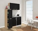 respekta Mini Küche Singleküche 130 cm inkl. Oberschrank Eiche Sägerau Nachbildung Front Schwarz MK 130 ESSOS
